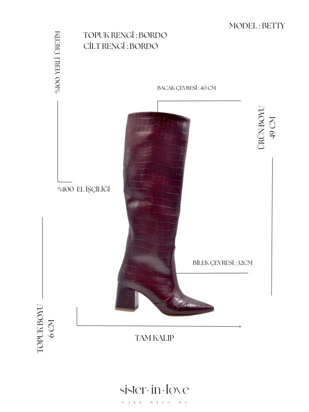 Betty Kroko Desenli Diz Altı Topuklu Kadın Çizme - Bordo