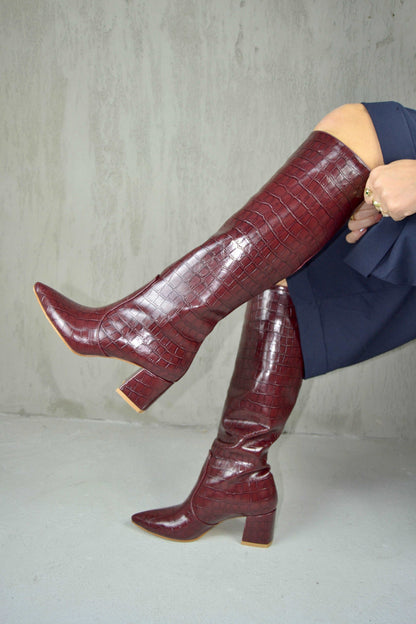 Betty Kroko Desenli Diz Altı Topuklu Kadın Çizme - Siyah