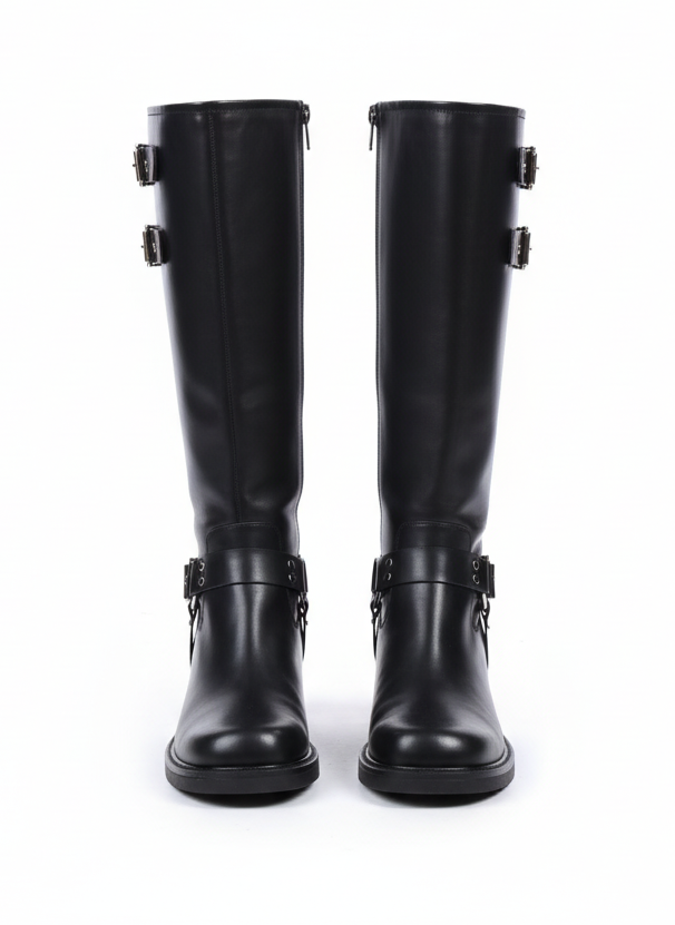 Vanessa Knee-High Boots with Metal Buckle Detail - Black