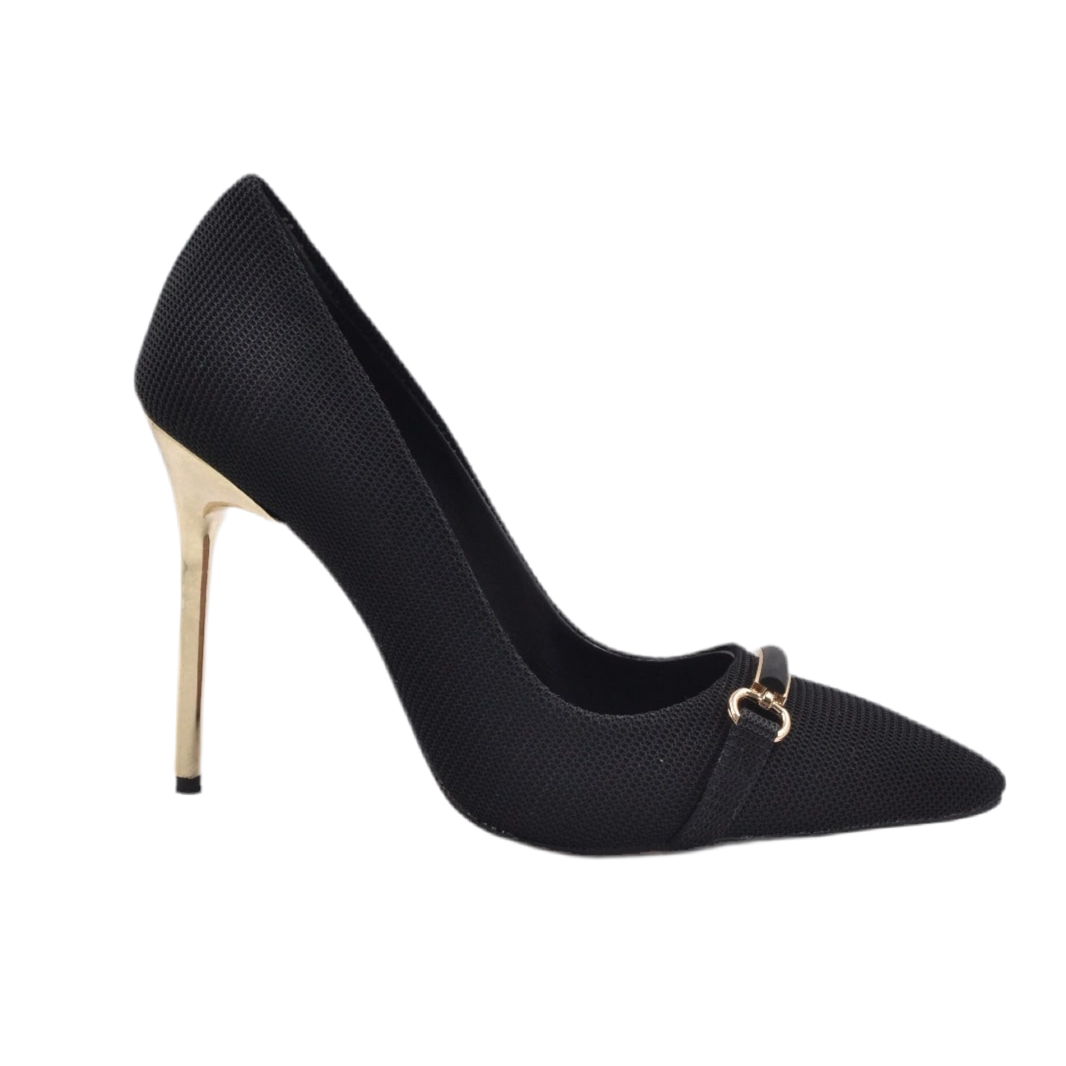 Karen Stiletto Heels with Fabric-Look Buckle and Metal Heel Detail