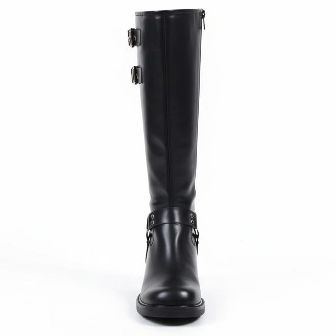 Vanessa Knee-High Boots with Metal Buckle Detail - Black