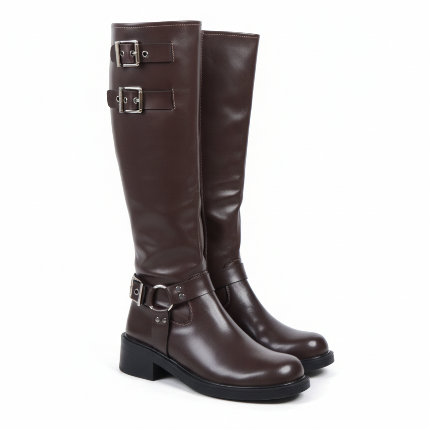 Vanessa Metal Toka Detaylı Diz Altı Çizme-Kahverengi