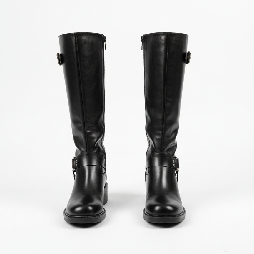 Vanessa Knee-High Boots with Metal Buckle Detail - Black