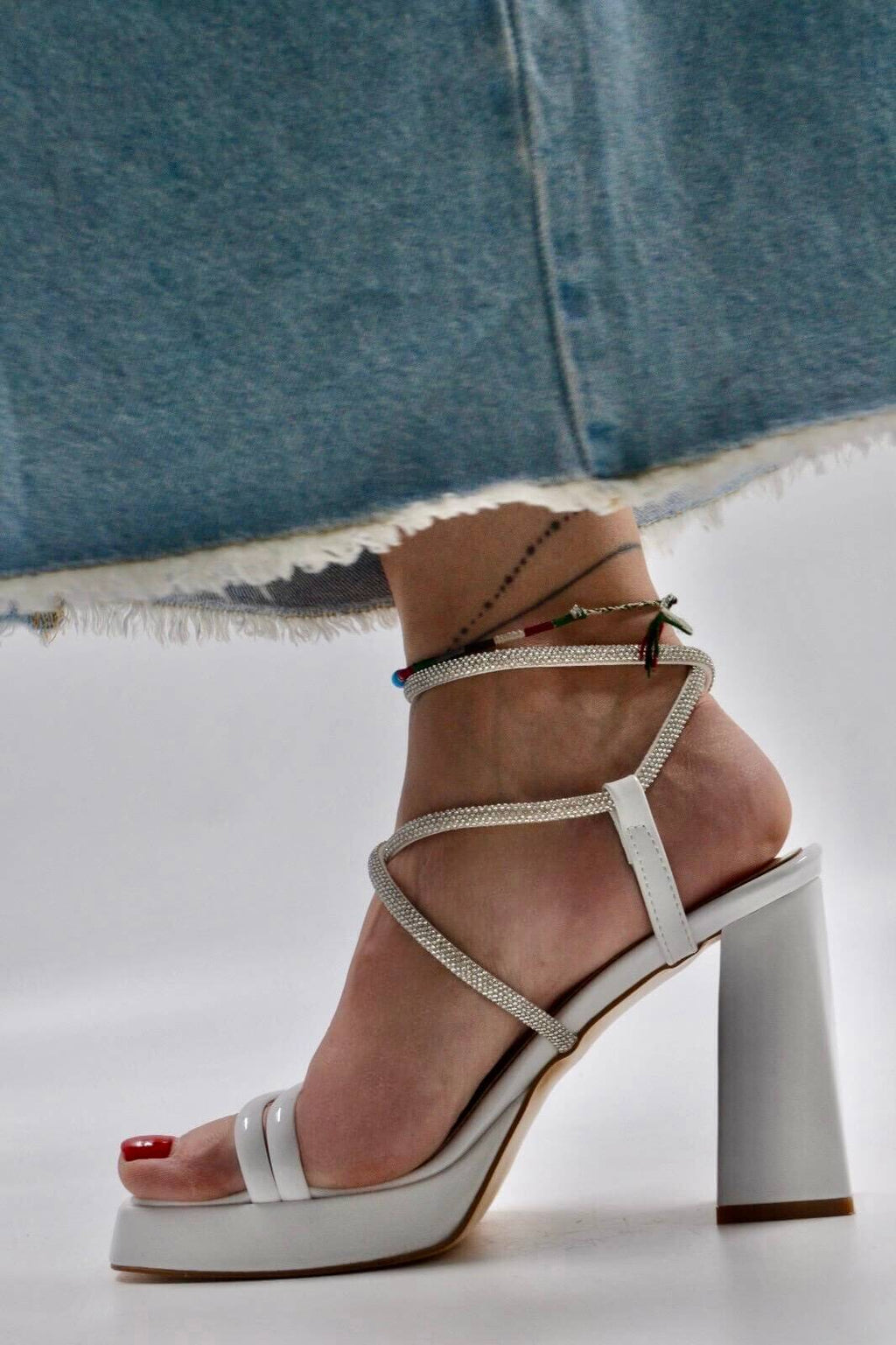 Layana Sparkling Stone Strap Platform Heel White Shoes 