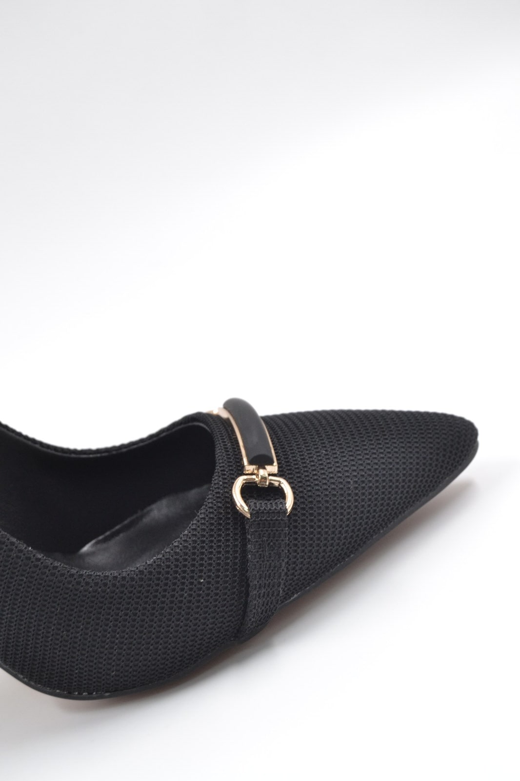 Karen Stiletto Heels with Fabric-Look Buckle and Metal Heel Detail