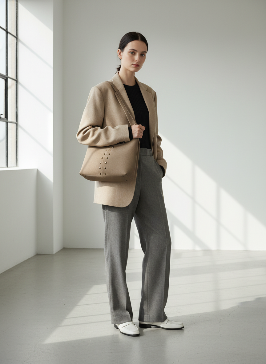 Amara Süet Gold Zımba Detaylı Omuz Çanta- Vizon