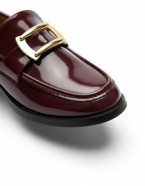 April Buckle Detailed Shiny Patent Leather Loafer - Burgundy