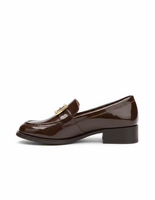 April Buckle Detail Shiny Patent Leather Loafer - Brown