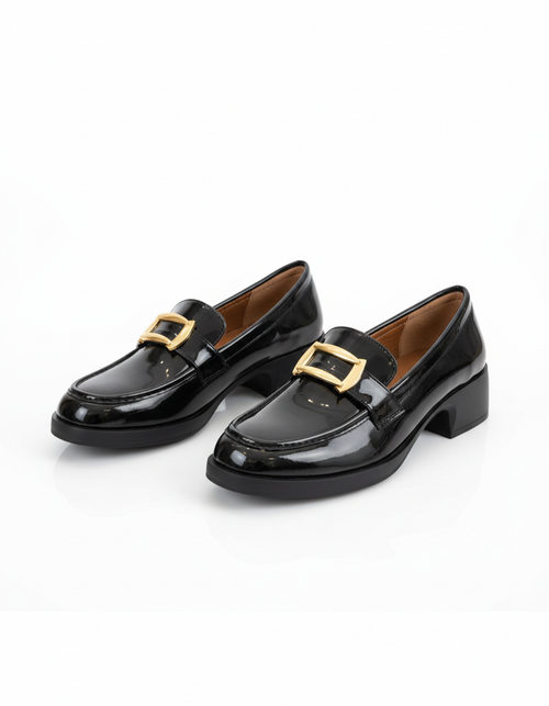 April Buckle Detail Shiny Patent Leather Loafer - Black