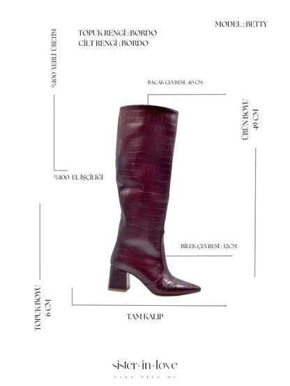Betty Kroko Desenli Diz Altı Topuklu Kadın Çizme - Bordo