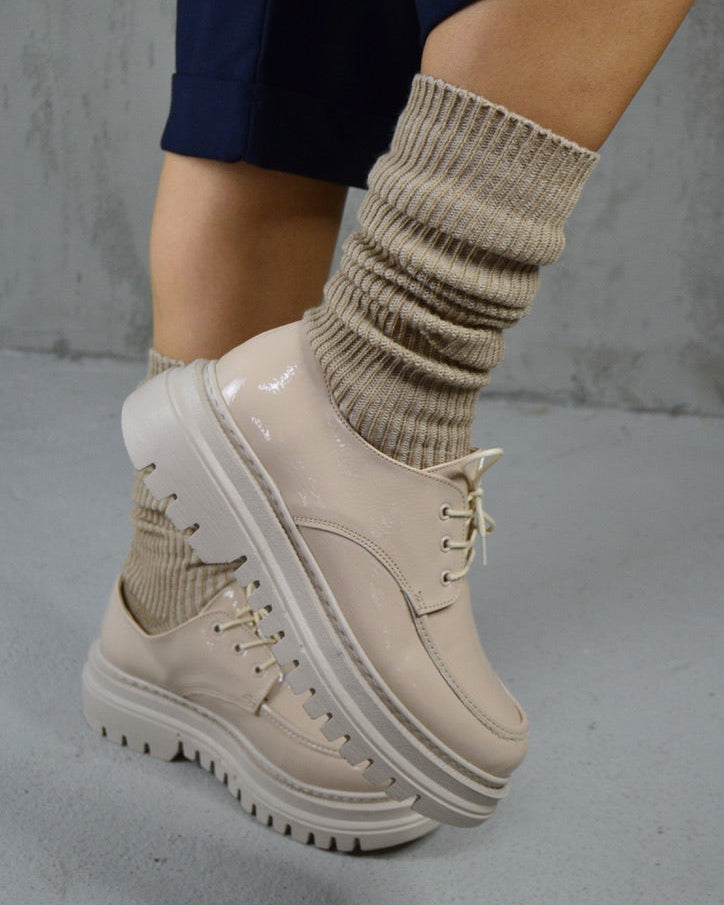 Ketrin Beige Patent Leather Chunky Sole Women's Loafer