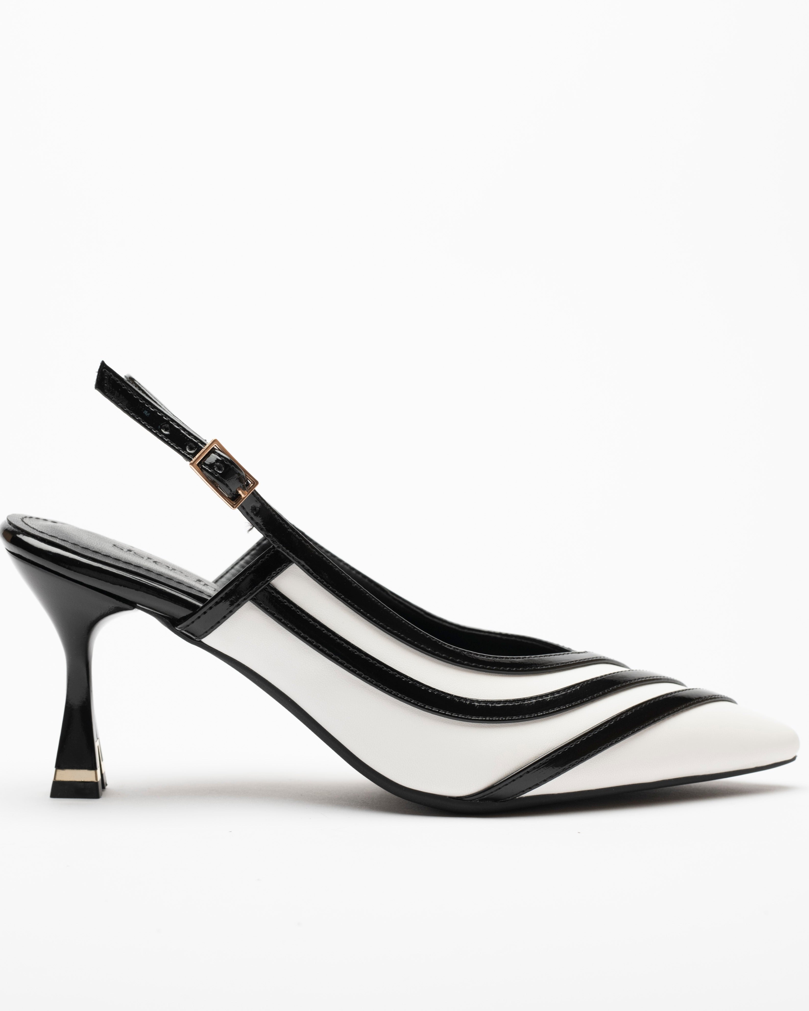 Della White Black Striped Open Back Stiletto