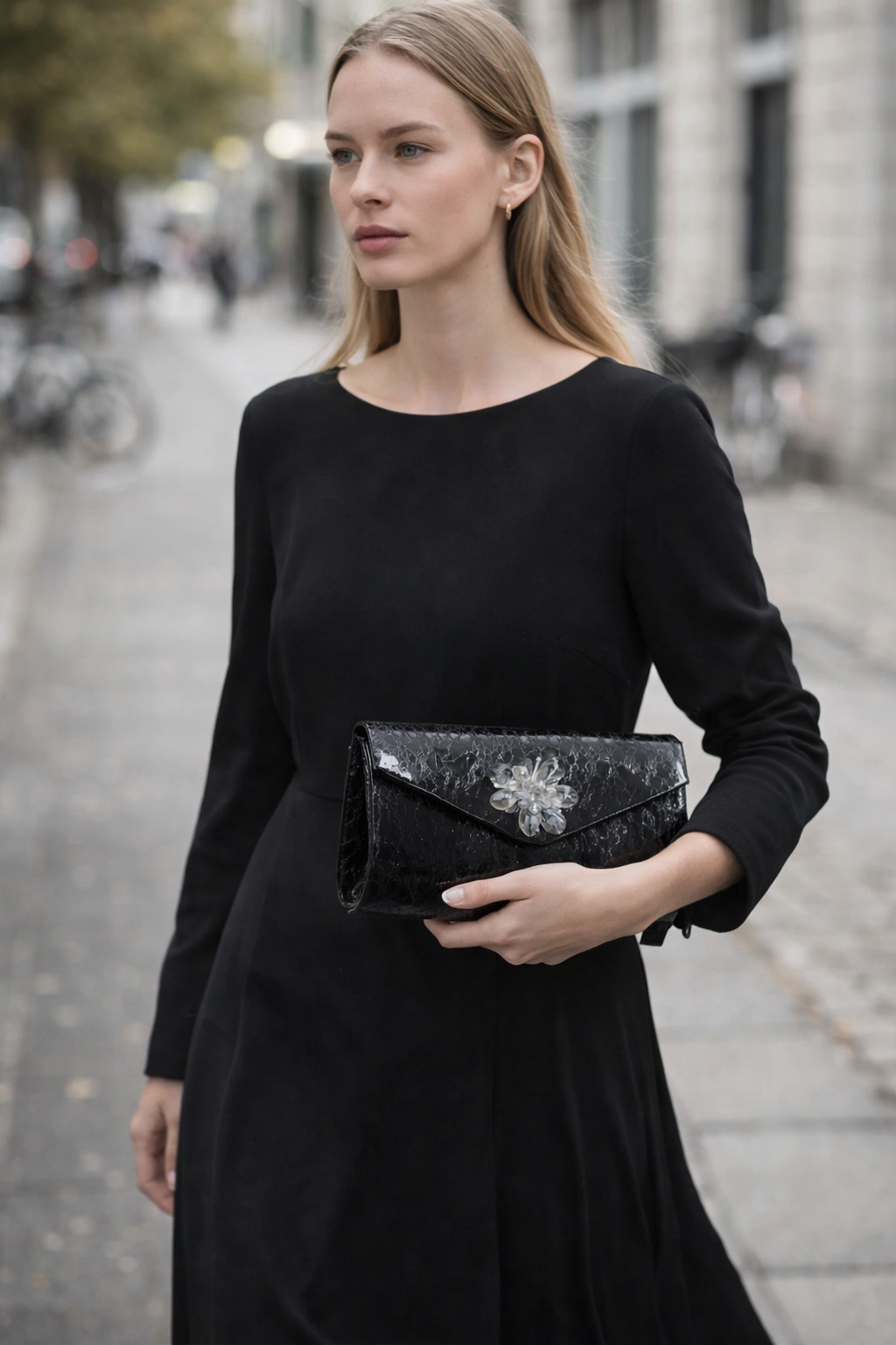 Diana Stone Detail Crocodile Pattern Women's Bag - Black