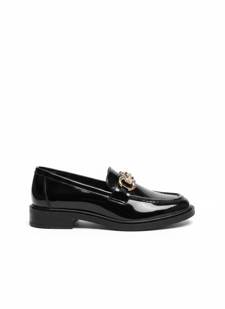 Iva Stone Detail Glossy Patent Leather Loafer - Black