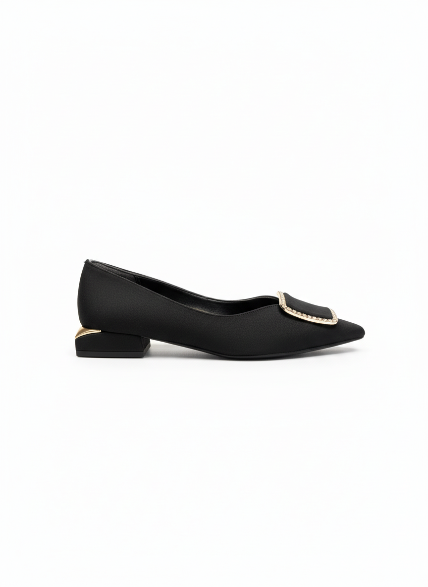 Women's Ballet Flats with Satin Stone Details - Black