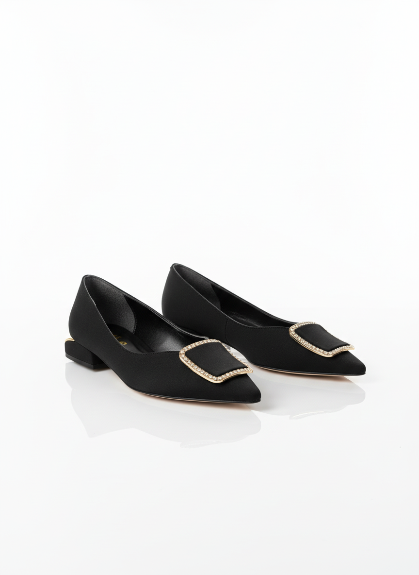 Women's Ballet Flats with Satin Stone Details - Black
