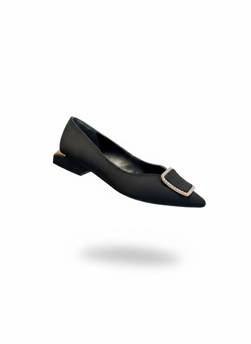 Women's Ballet Flats with Satin Stone Details - Black