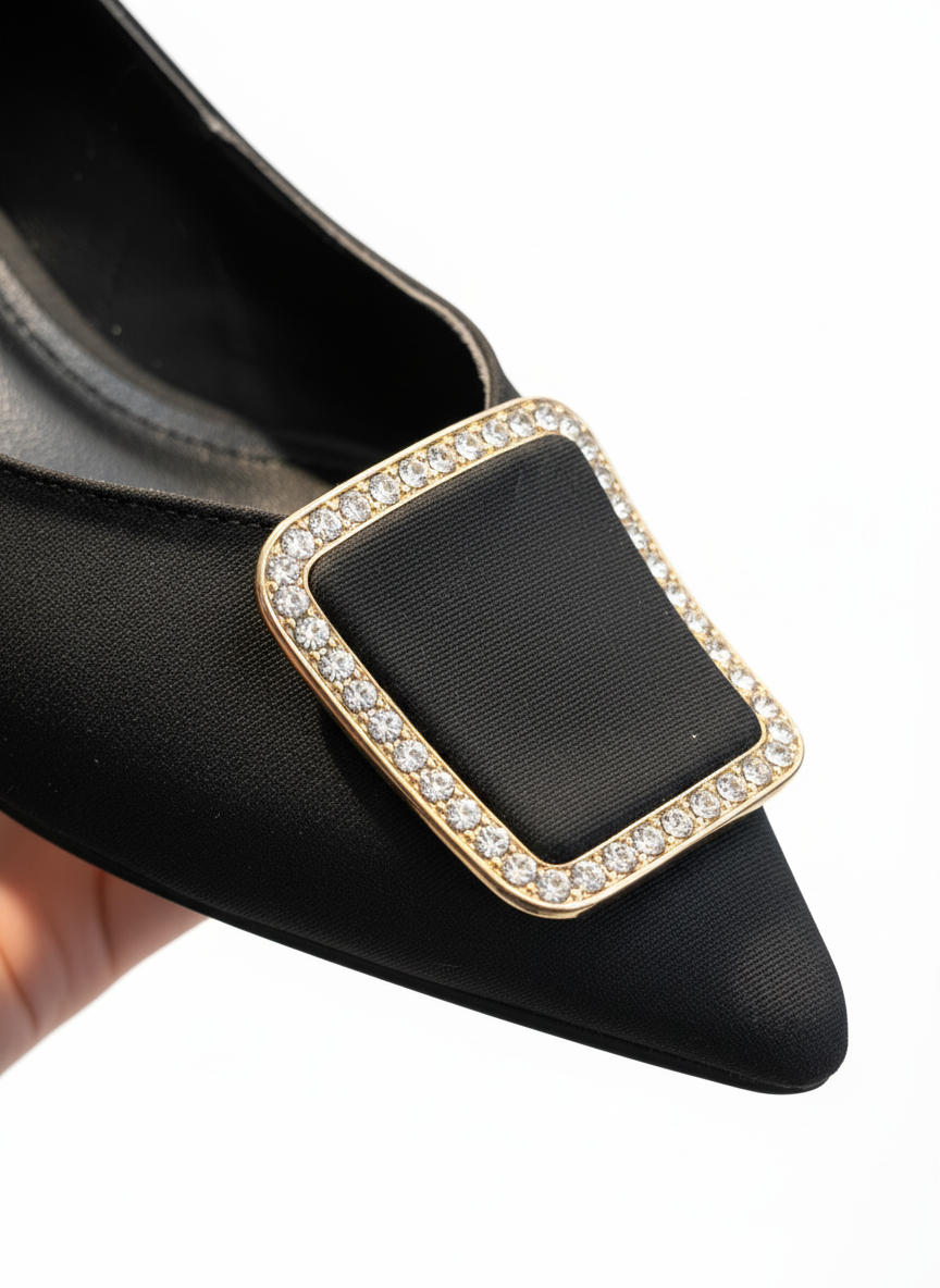 Women's Ballet Flats with Satin Stone Details - Black