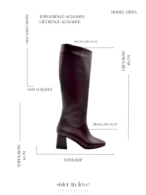 Lidya Küt Burun Kadın Topuklu Çizme - Acı Kahve