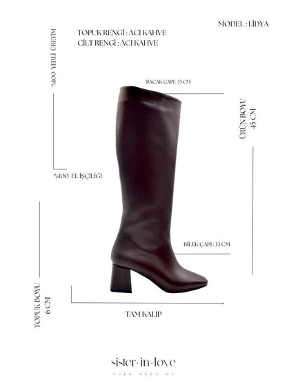 Lidya Küt Burun Kadın Topuklu Çizme - Acı Kahve