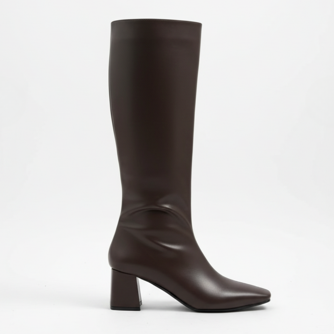 Lidya Küt Burun Kadın Topuklu Çizme - Acı Kahve