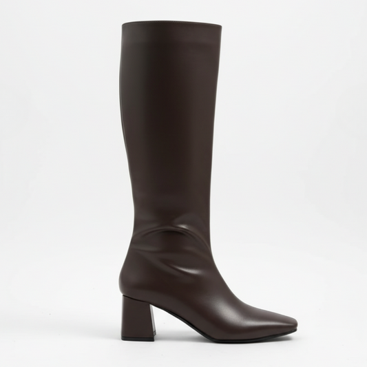 Lidya Küt Burun Kadın Topuklu Çizme - Acı Kahve