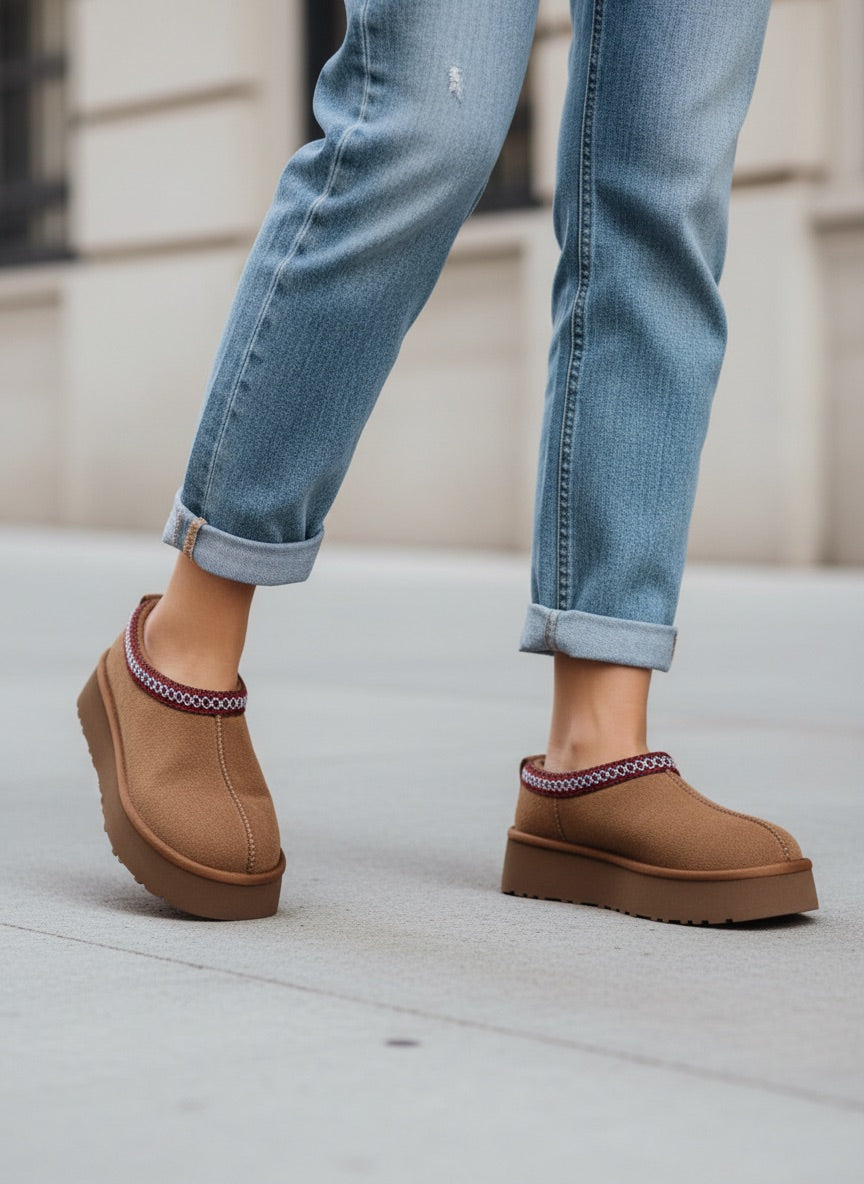 Sabina Süet İçi Kürklü Kalın Taban Sabo Terlik- Kahverengi Süet