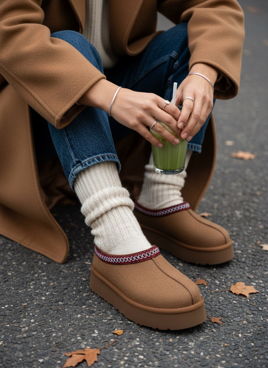 Sabina Süet İçi Kürklü Kalın Taban Sabo Terlik- Kahverengi Süet