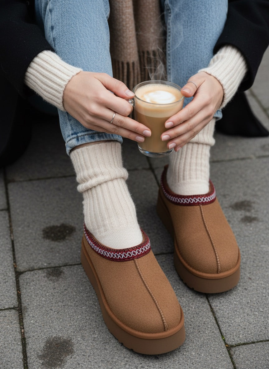 Sabina Süet İçi Kürklü Kalın Taban Sabo Terlik- Kahverengi Süet
