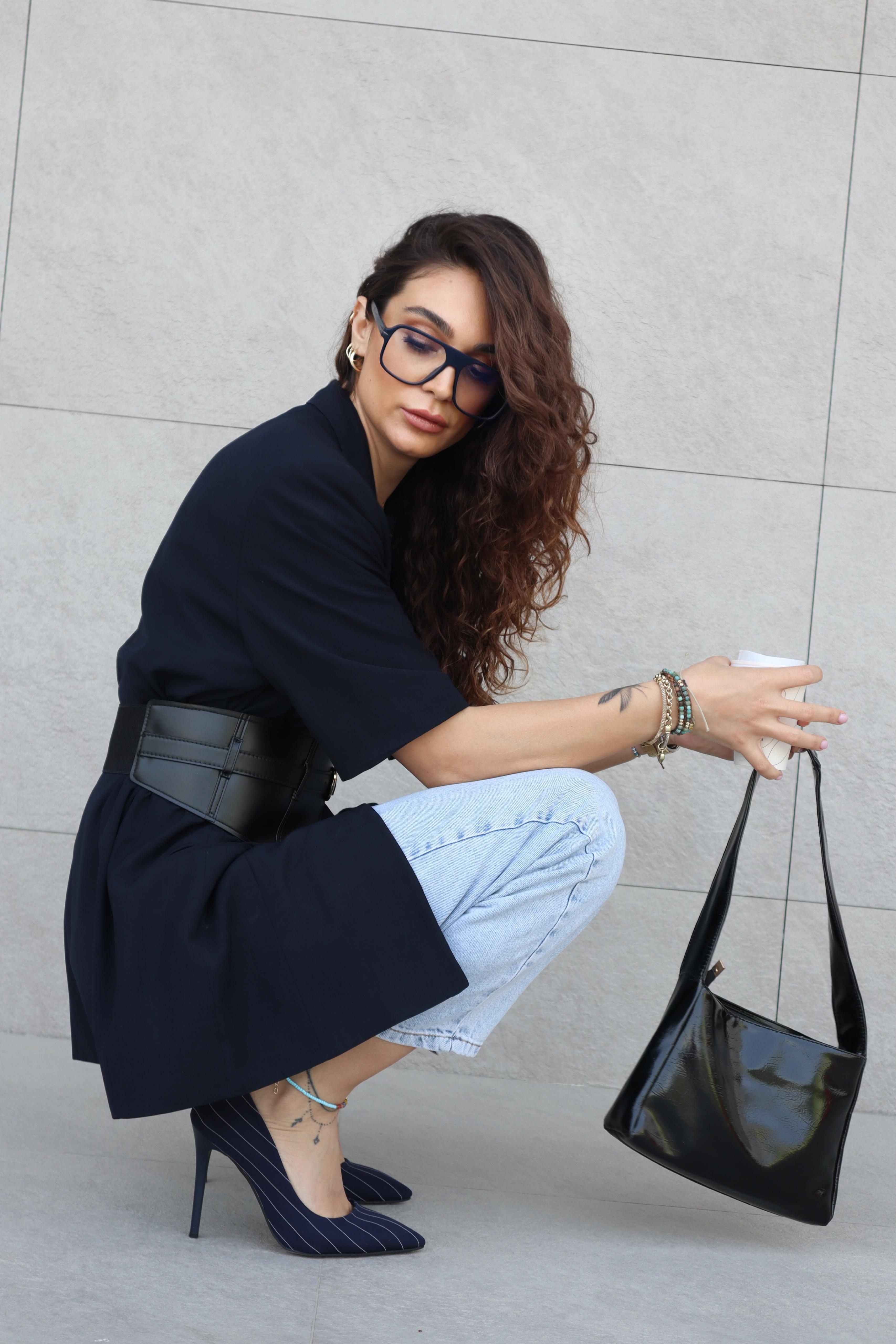 Charlotte Lacivert Beyaz Çizgili Stiletto