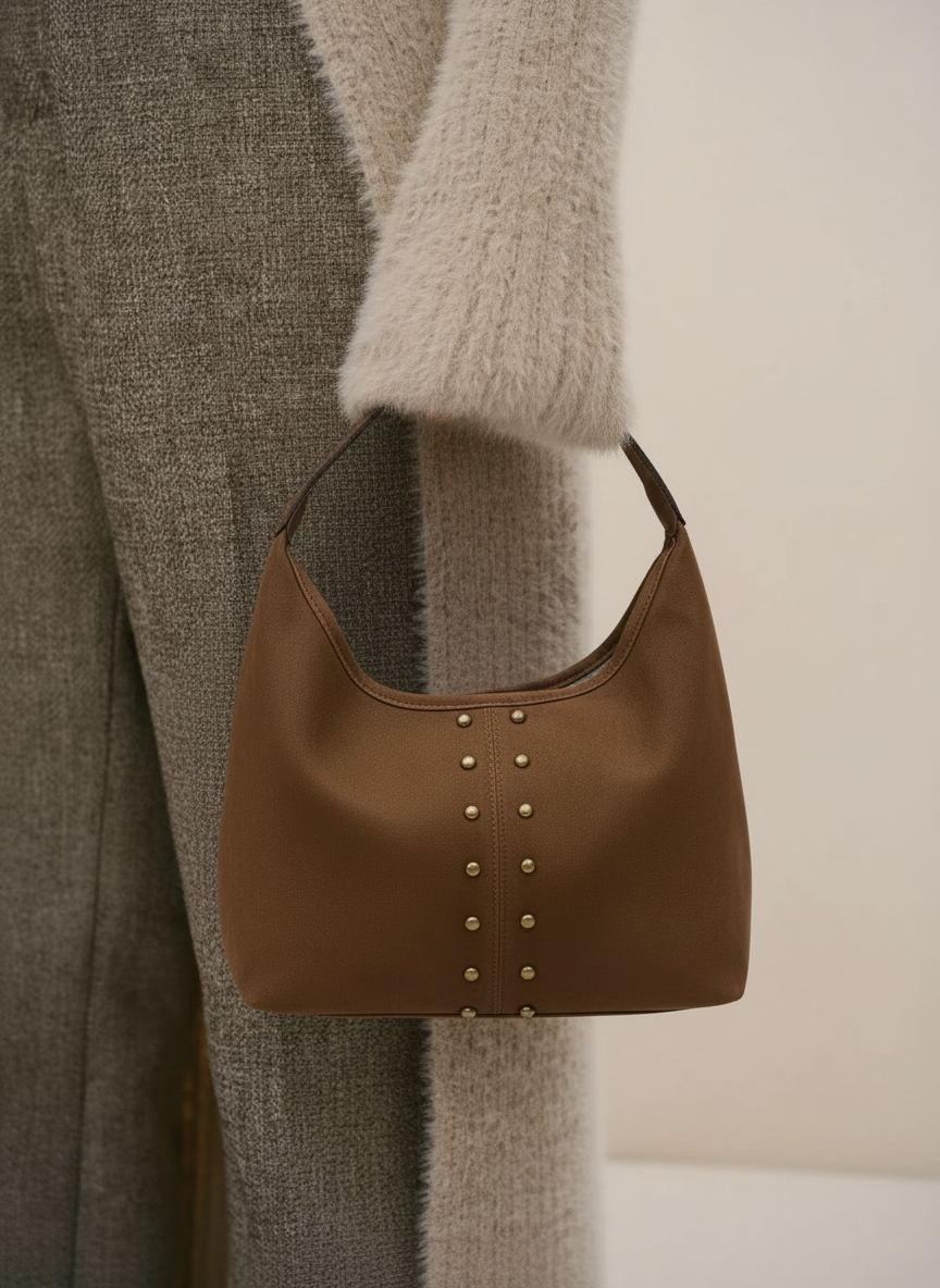 Amara Süet Gold Zımba Detaylı Omuz Çanta- Kahverengi Süet