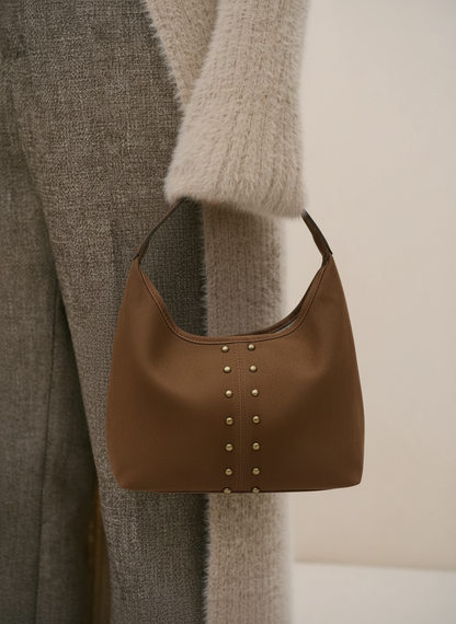 Amara Süet Gold Zımba Detaylı Omuz Çanta- Kahverengi Süet