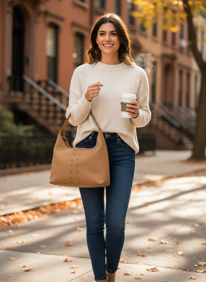 Amara Süet Gold Zımba Detaylı Omuz Çanta- Taba