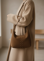 Amara Süet Gold Zımba Detaylı Omuz Çanta- Kahverengi Süet