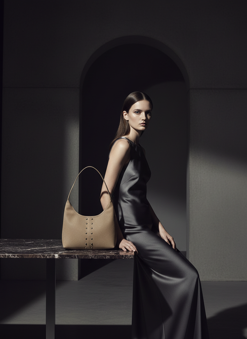 Amara Suede Shoulder Bag with Gold Stud Details - Mink