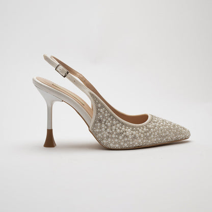 Davina Beyaz Arkası Açık Taşlı Topuklu Ayakkabı