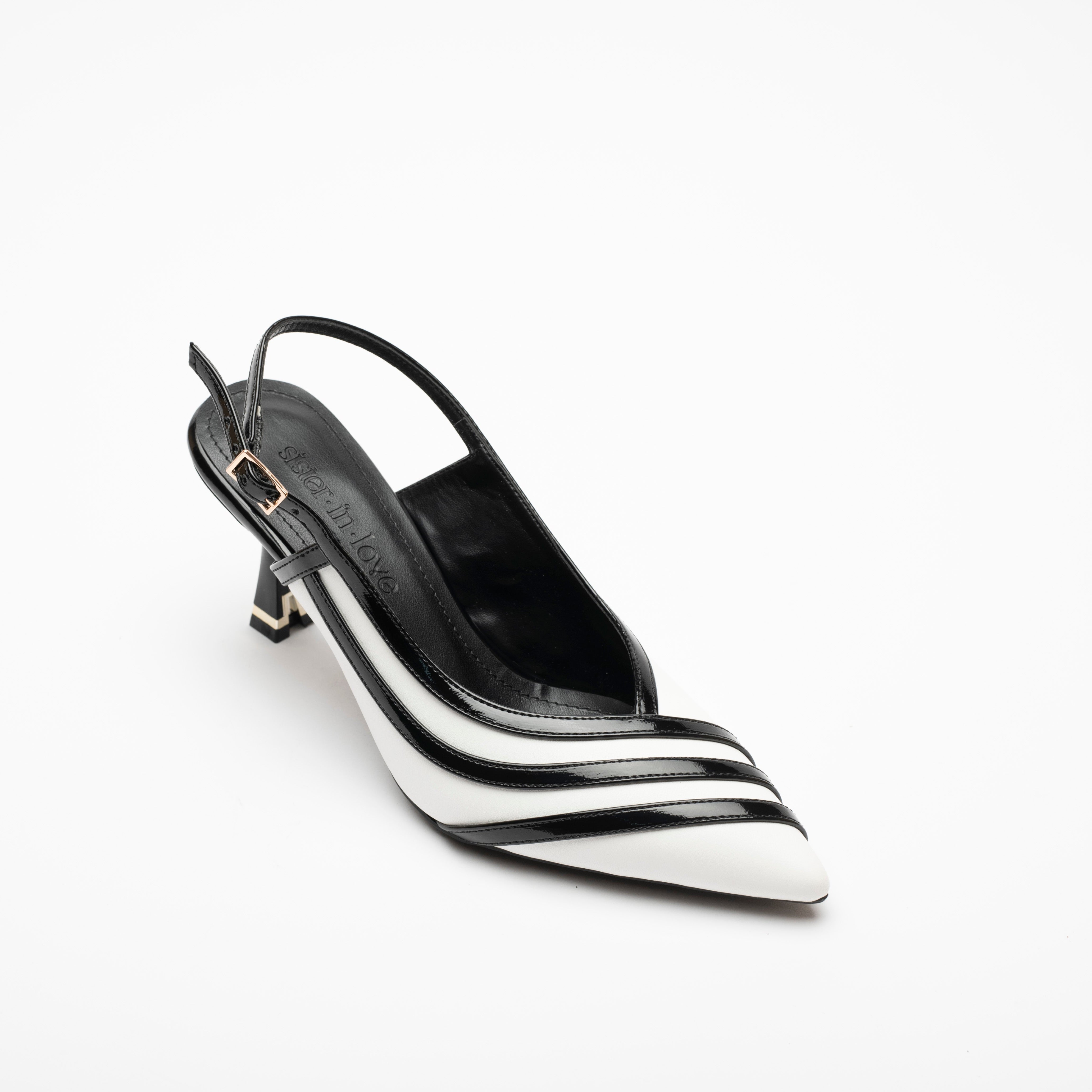 Della Beyaz Siyah Şeritli Arkası Açık Stiletto