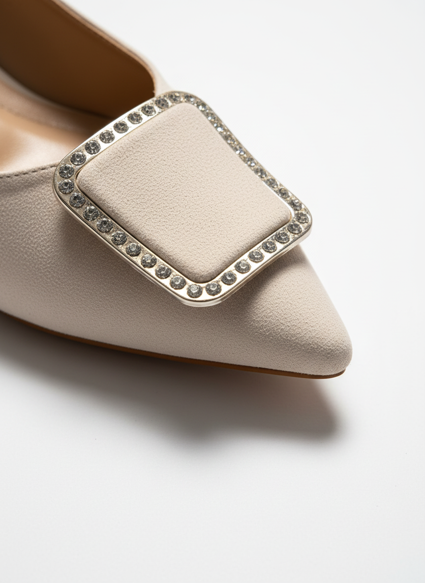 Women's Ballet Flats with Satin Stone Details - Beige