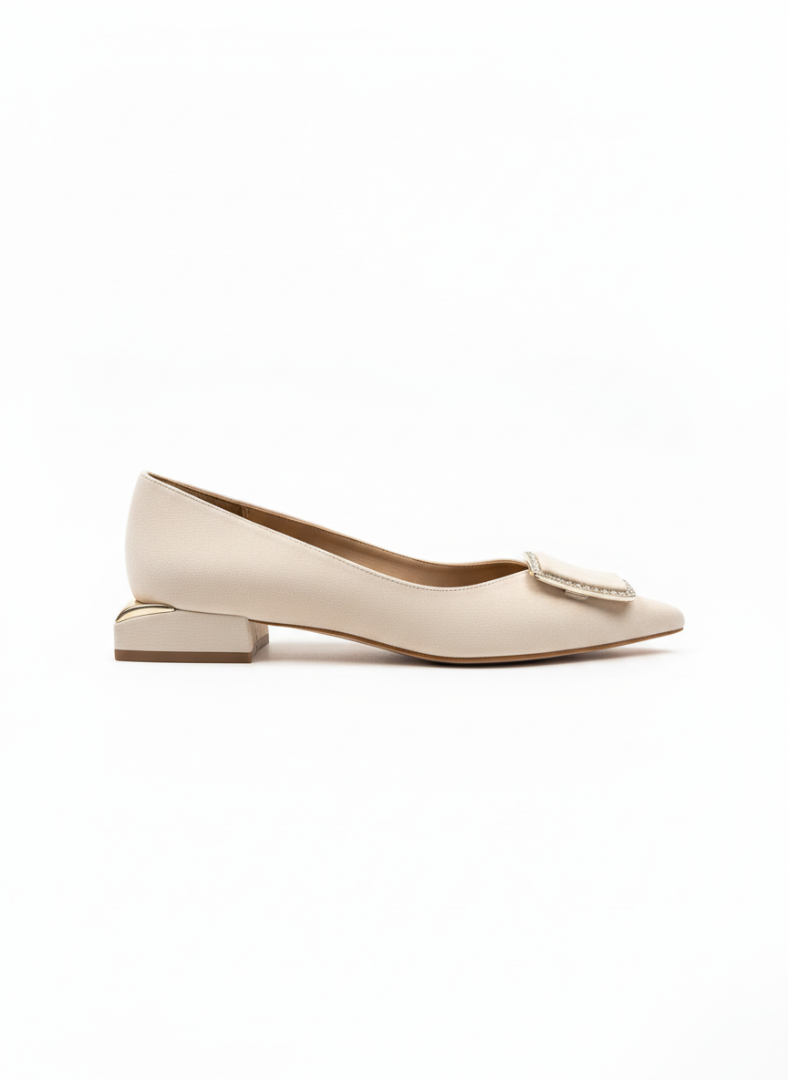 Women's Ballet Flats with Satin Stone Details - Beige