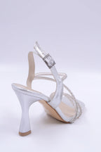 Sarah  Saten Zirkon Taş Detaylı Yüksek Topuk Kadın Ayakkabı - Gümüş