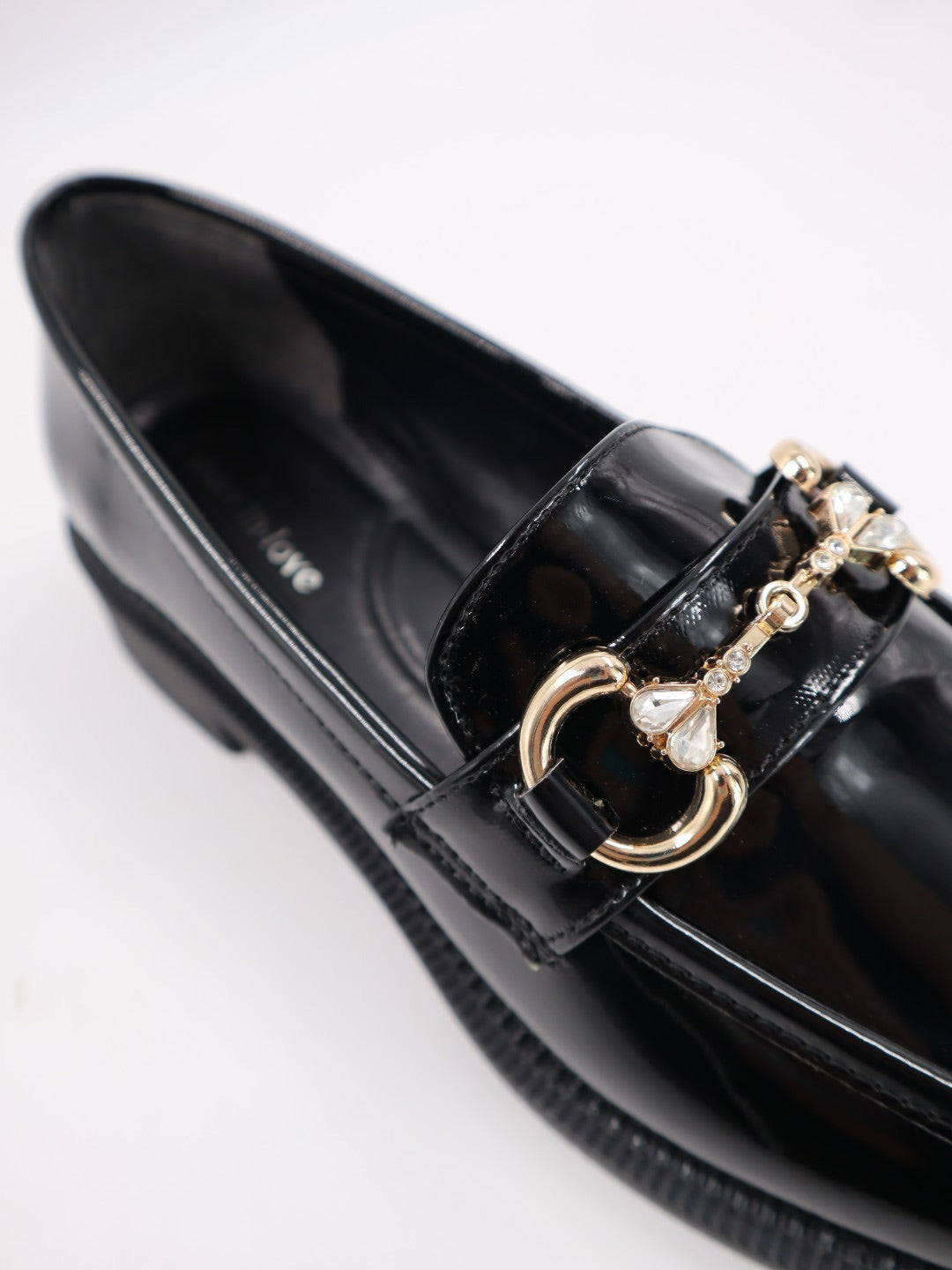 Iva Stone Detail Glossy Patent Leather Loafer - Black