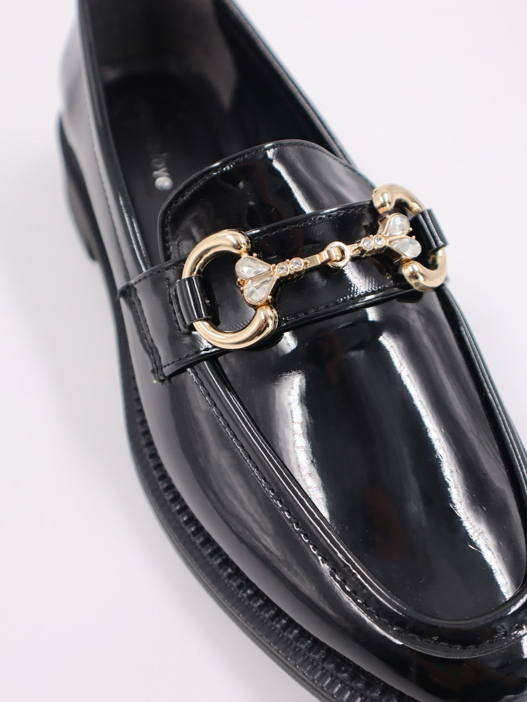 Iva Stone Detail Glossy Patent Leather Loafer - Black