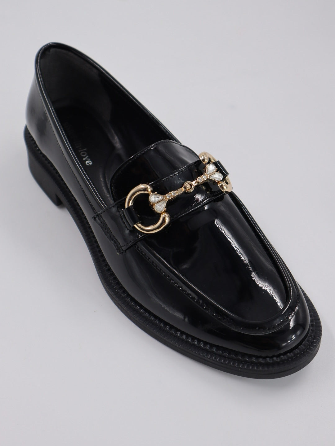 Iva Stone Detail Glossy Patent Leather Loafer - Black