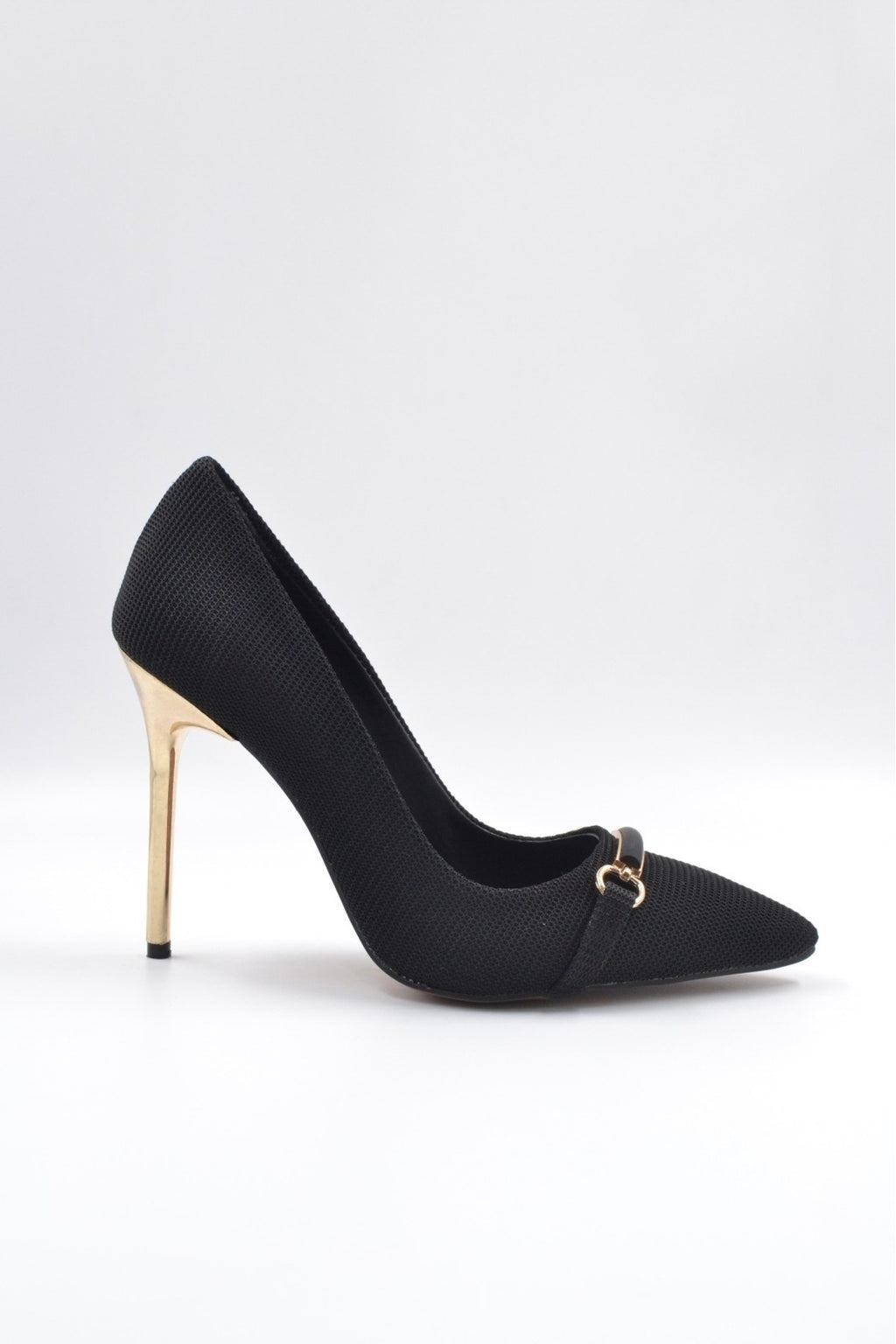 Karen Stiletto Heels with Fabric-Look Buckle and Metal Heel Detail