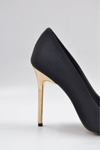 Karen Stiletto Heels with Fabric-Look Buckle and Metal Heel Detail