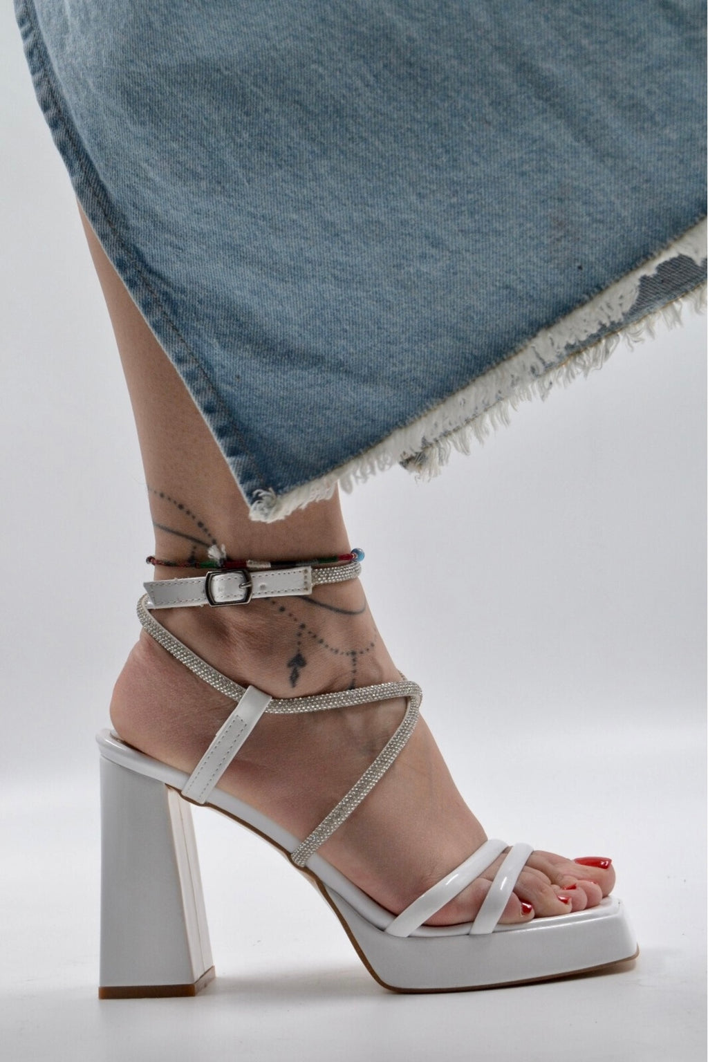 Layana Sparkling Stone Strap Platform Heel White Shoes 