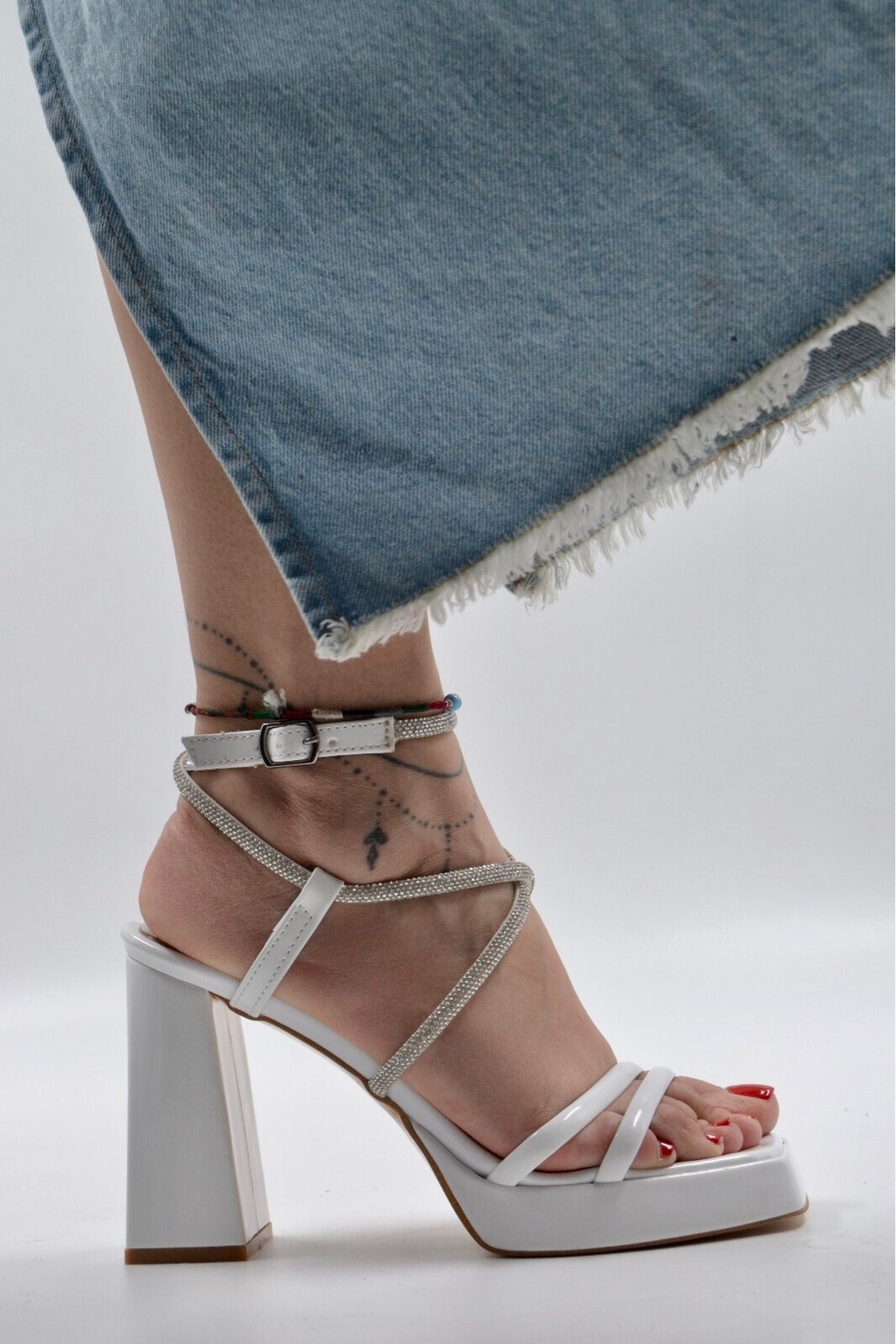 Layana Sparkling Stone Strap Platform Heel White Shoes 