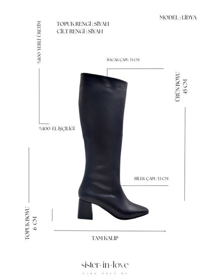 Lidya Küt Burun Kadın Topuklu Çizme- Siyah