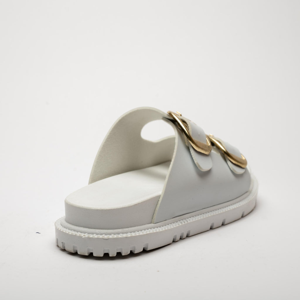 Mary White Gold Buckle Thick Sole Women's Slippers