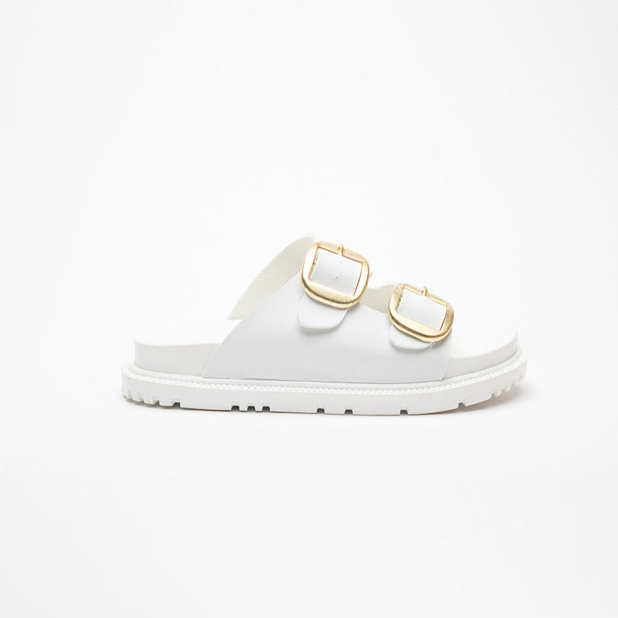 Mary White Gold Buckle Thick Sole Women's Slippers